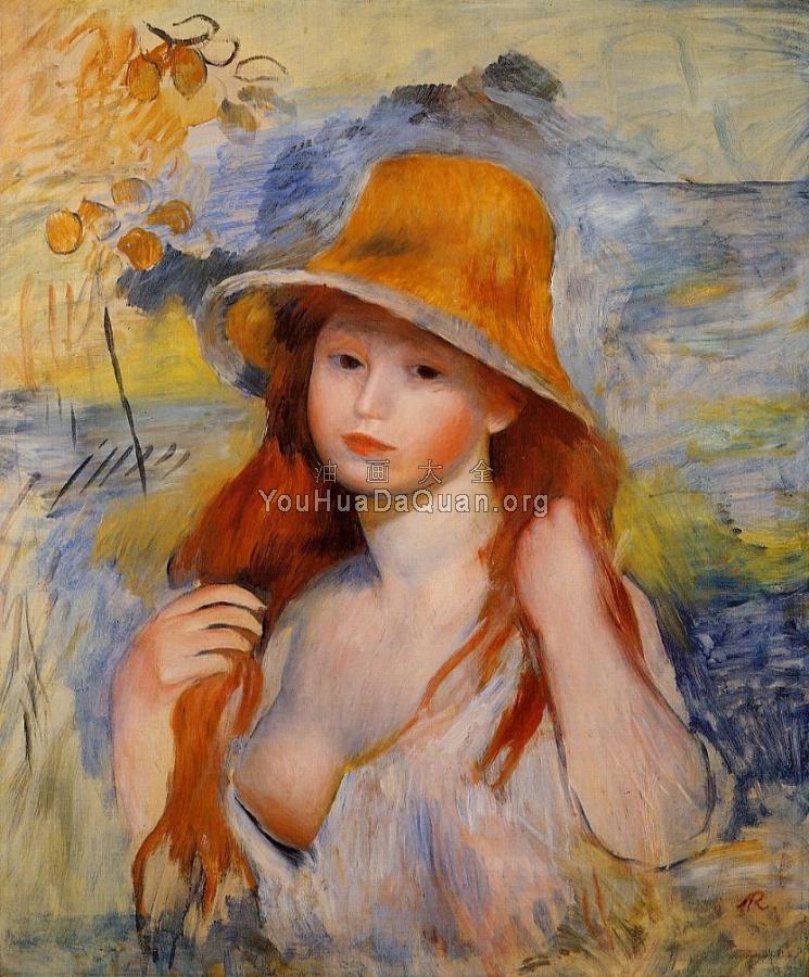 Young Woman in a Straw Hat - 皮埃尔·奥古斯特·雷诺阿